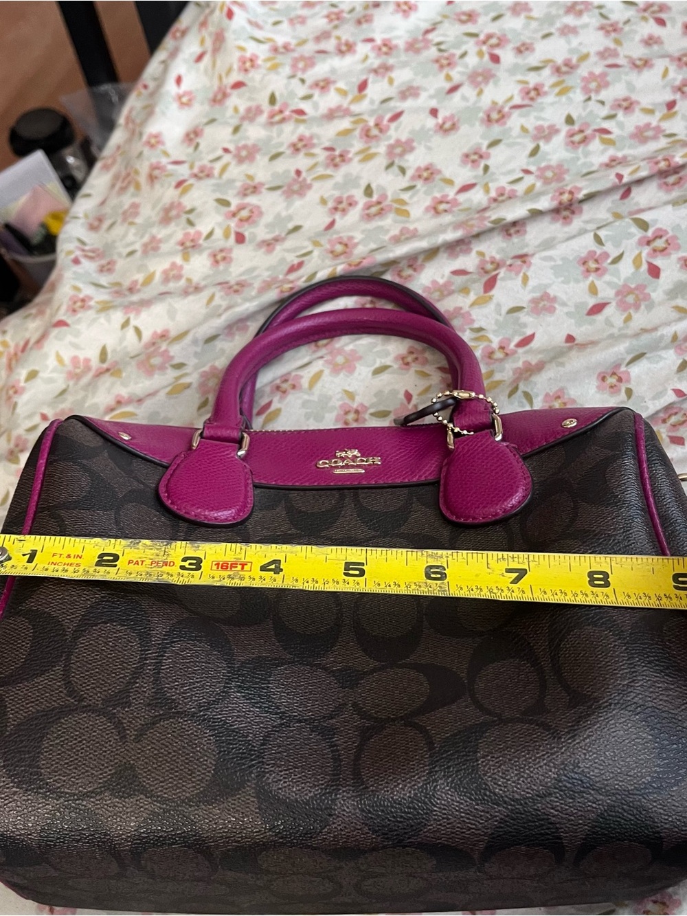 Coach Mini Bennet Brown Signature Satchel with Fuchsia Trim - Picture 2 of 8